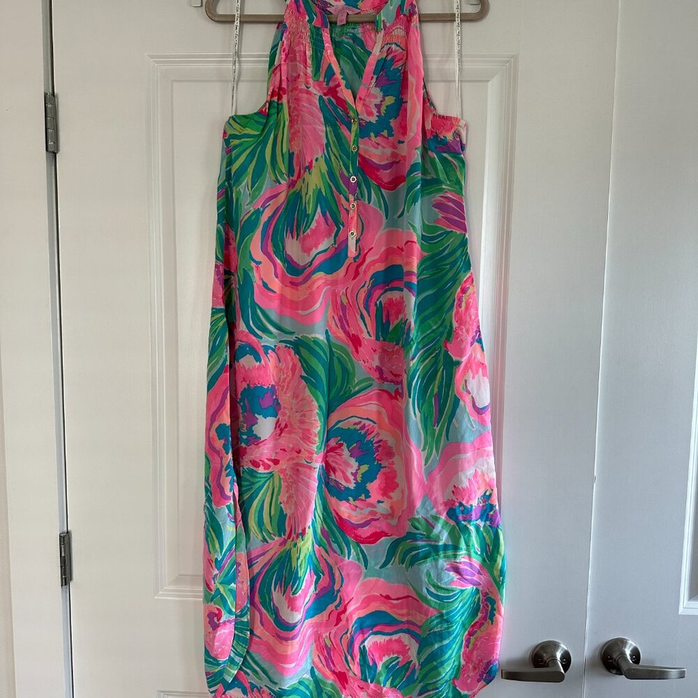 Lilly Pulitzer Bailey Silk Midi Dress - Serene Blue Paradise Bound | XL - Picture 2 of 6